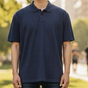 Van Heusen Polo Shirt Men's XXL Blue Check Short Sleeve Soft Comfort